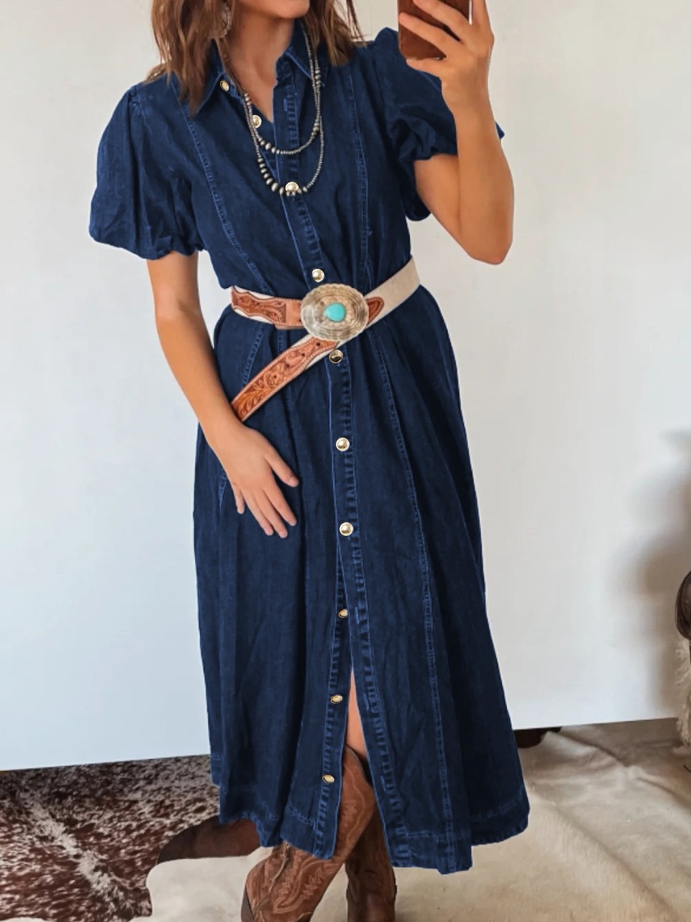 🩵Belted Button-Front Navy Midi Dress with Puff Sleeves